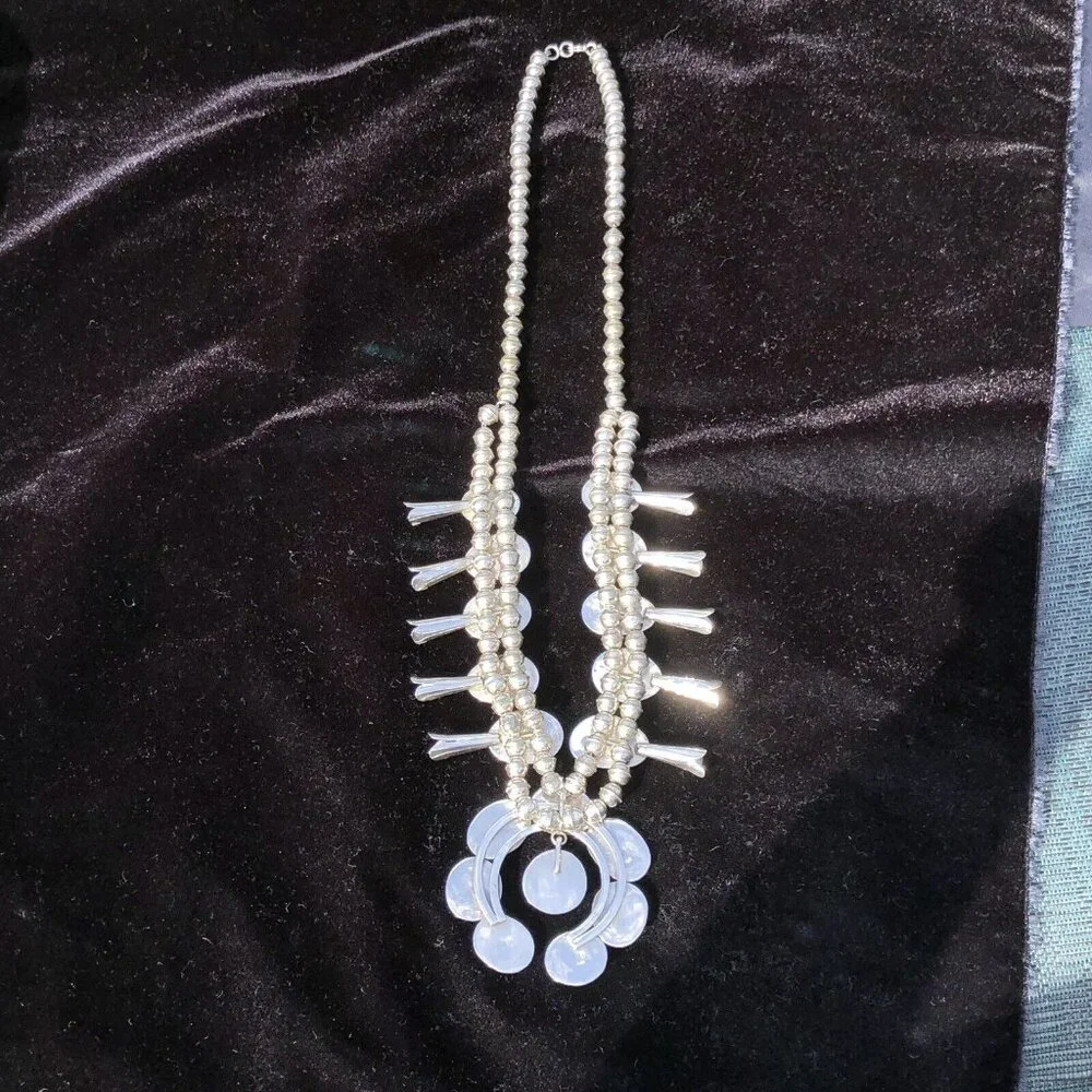 Vintage Sterling Silver Navajo Kingman Turquoise Squash Blossom Necklace Jewelry - Picture 11 of 16